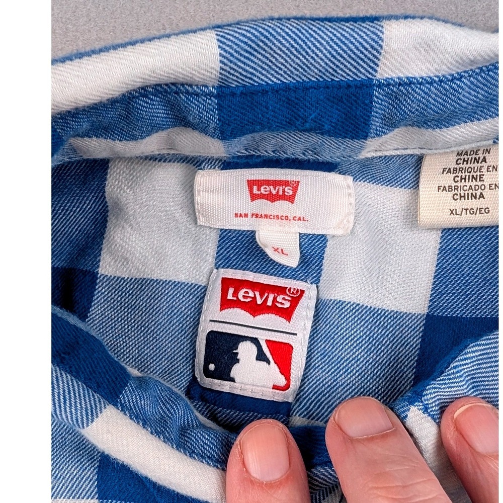Levis MLB Los Angeles‎ Dodgers Flannel Shirt Womens XL Blue White Buffalo Plaid - Picture 3 of 5